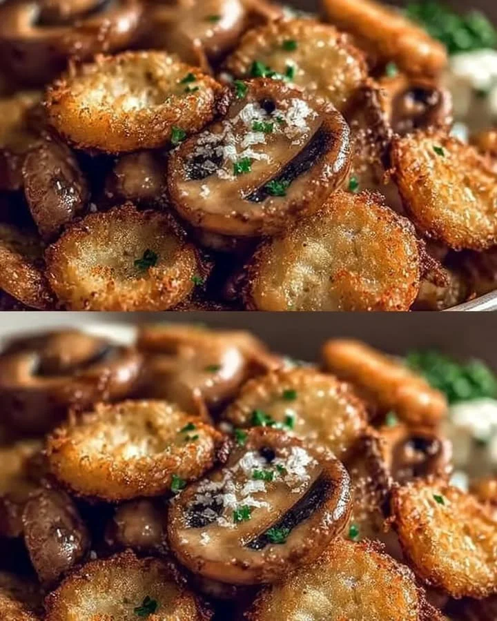 Ofen-Gericht mit knusprigen Knoblauch Champignons auf einem Teller