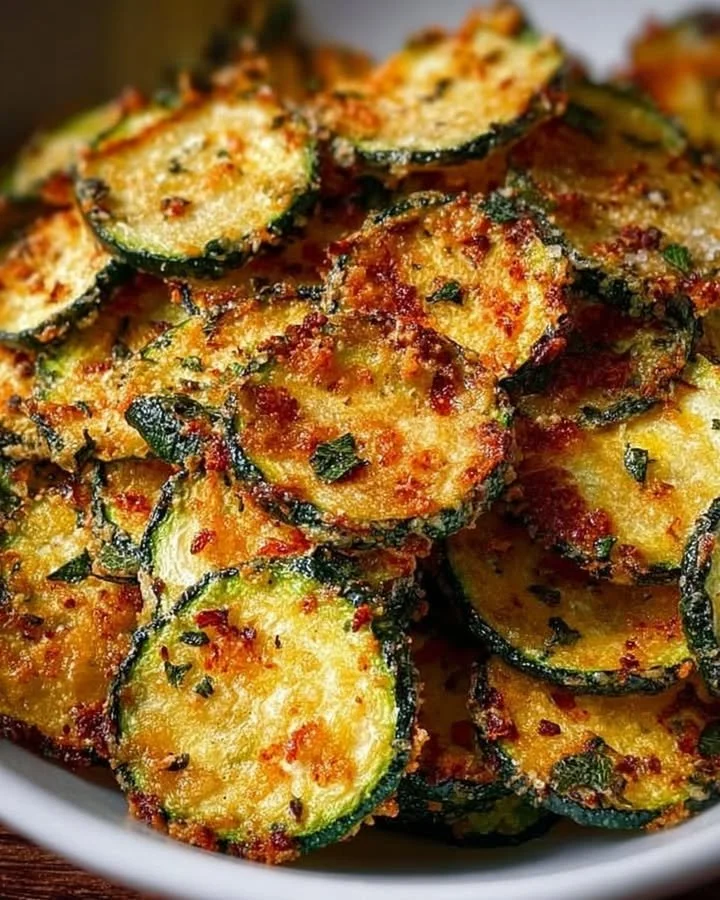 Knusprige Zucchini-Chips frisch aus dem Ofen auf einem Teller