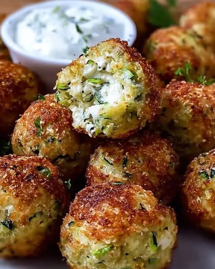 Knusprige Zucchini-Feta-Bällchen frisch aus dem Ofen