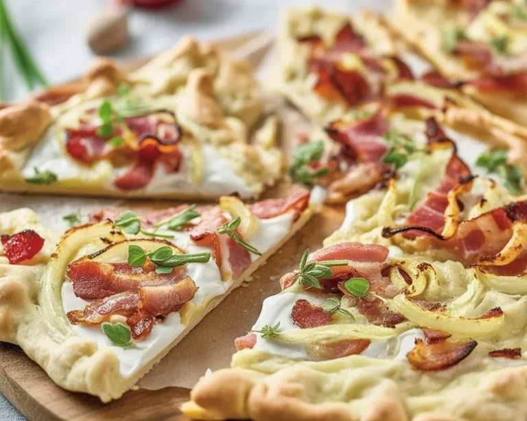 Einfacher Flammkuchen mit Käse, Speck und Frühlingszwiebeln – köstliches Rezept.