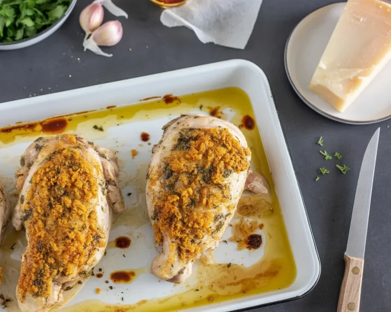 Saftiges Hähnchen aus dem Ofen mit knuspriger Haut und würzigen Zutaten.