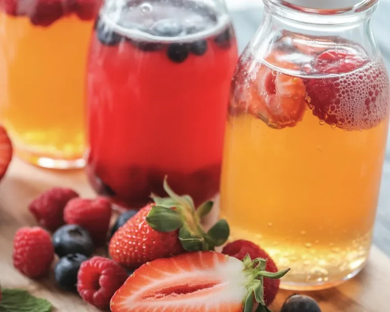 Kombucha und fermentierte Drinks mit verschiedenen Früchten und probiotischen Eigenschaften.