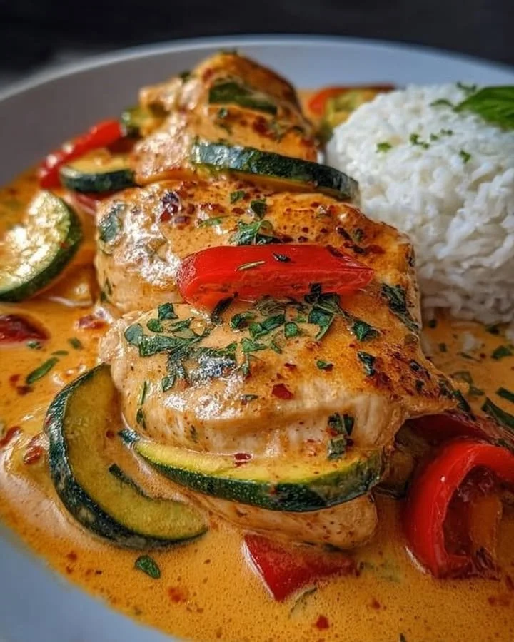 Leckeres Paprika-Zucchini-Hähnchen Gericht, schnell und einfach zubereitet.
