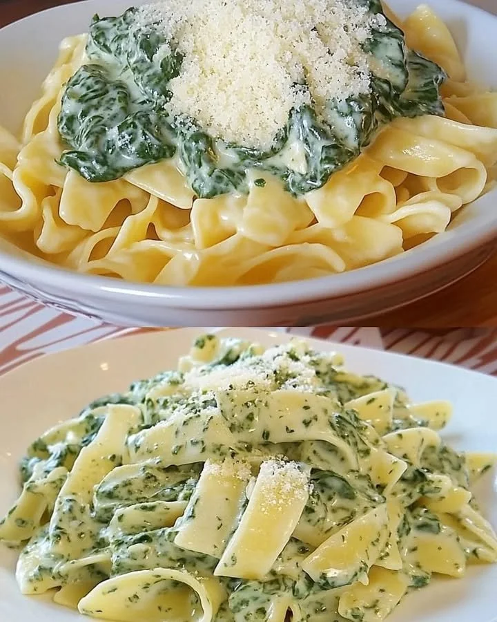 Nudeln mit Cream Spinach in cremiger Frischkäsesauce auf einem Teller angerichtet.
