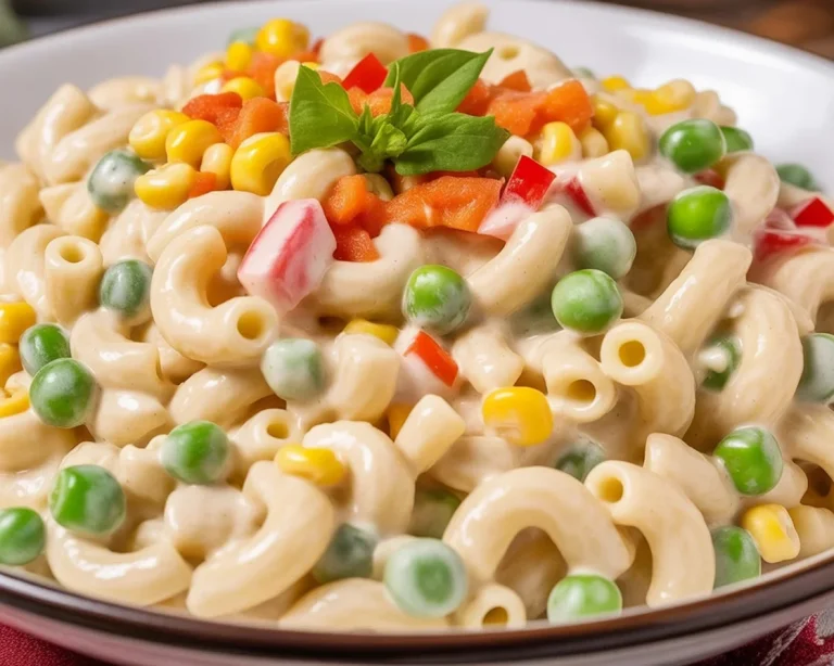 Leckerer Nudelsalat mit Gemüse, Wurst und cremigem Dressing nach Omas Rezept.