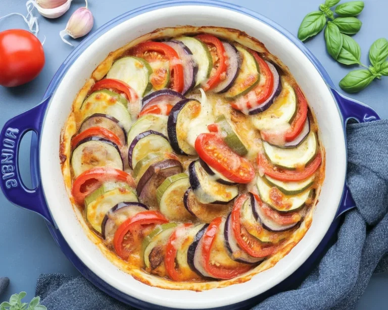 Einfaches Ofengericht mit Gemüse und Käse aus dem Backofen zubereitet.