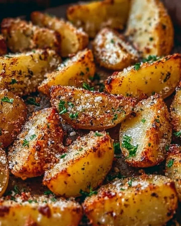 Parmesan Kartoffeln frisch aus dem Ofen, knusprig und goldbraun serviert.
