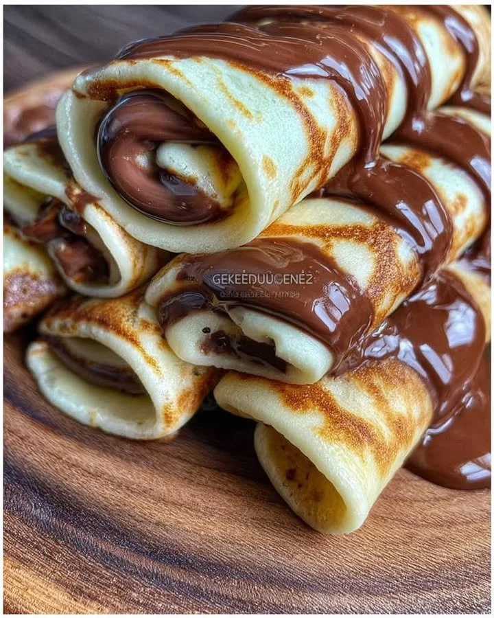 Pfannkuchen mit Nutella auf einem Teller, garniert mit frischen Früchten