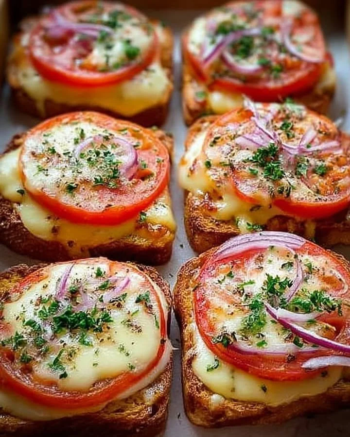 Leckerer Tomaten-Mozzarella-Toast auf einem Holzbrett serviert.