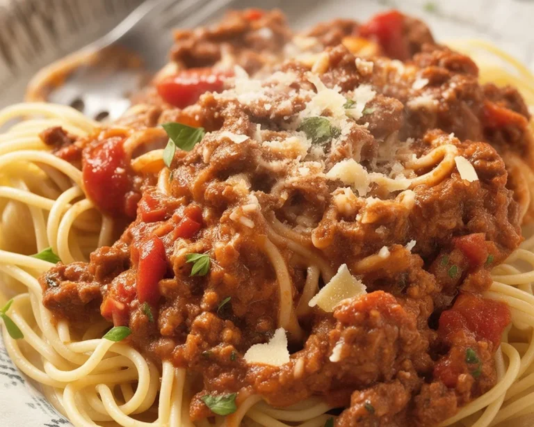 Schüssel mit klassischer Spaghetti Bolognese, serviert mit frischem Basilikum und Parmesan.