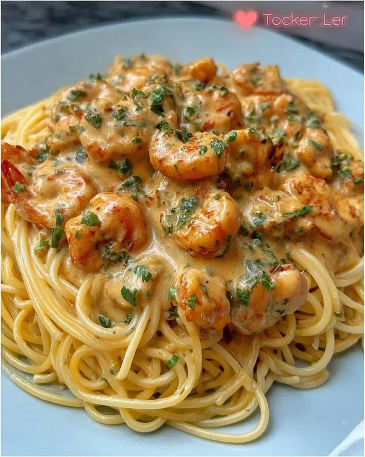 Schüssel Spaghetti mit Garnelen in cremiger Sahnesauce