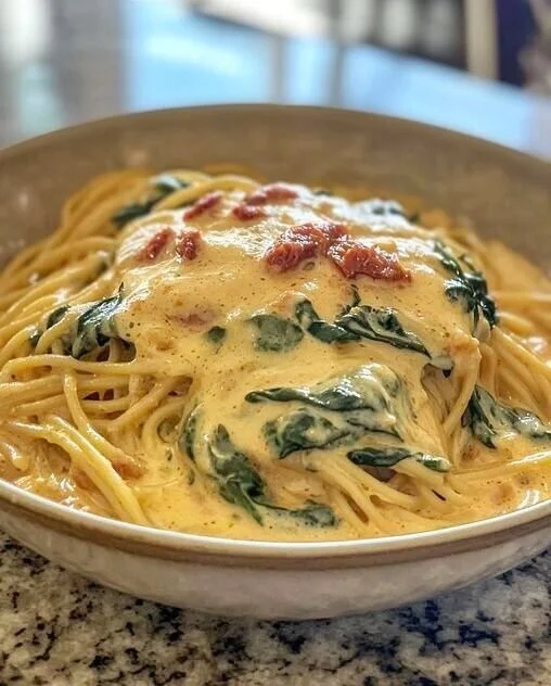 Teller mit Spaghetti in Spinat Frischkäse Sauce, lecker und gesund.