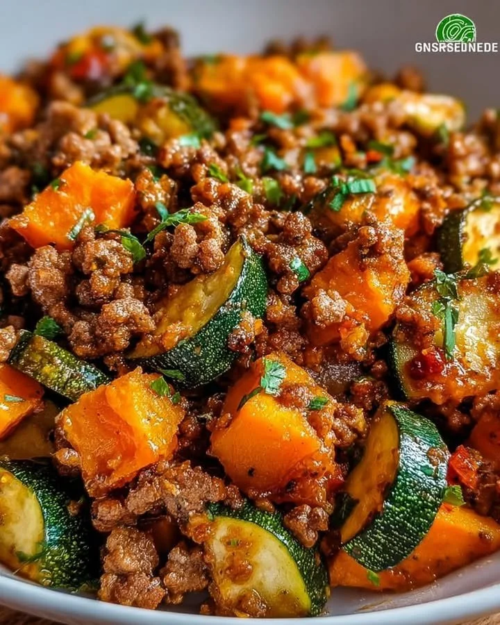 Süßkartoffel-Zucchini-Pfanne mit Hackfleisch auf einem Teller serviert.