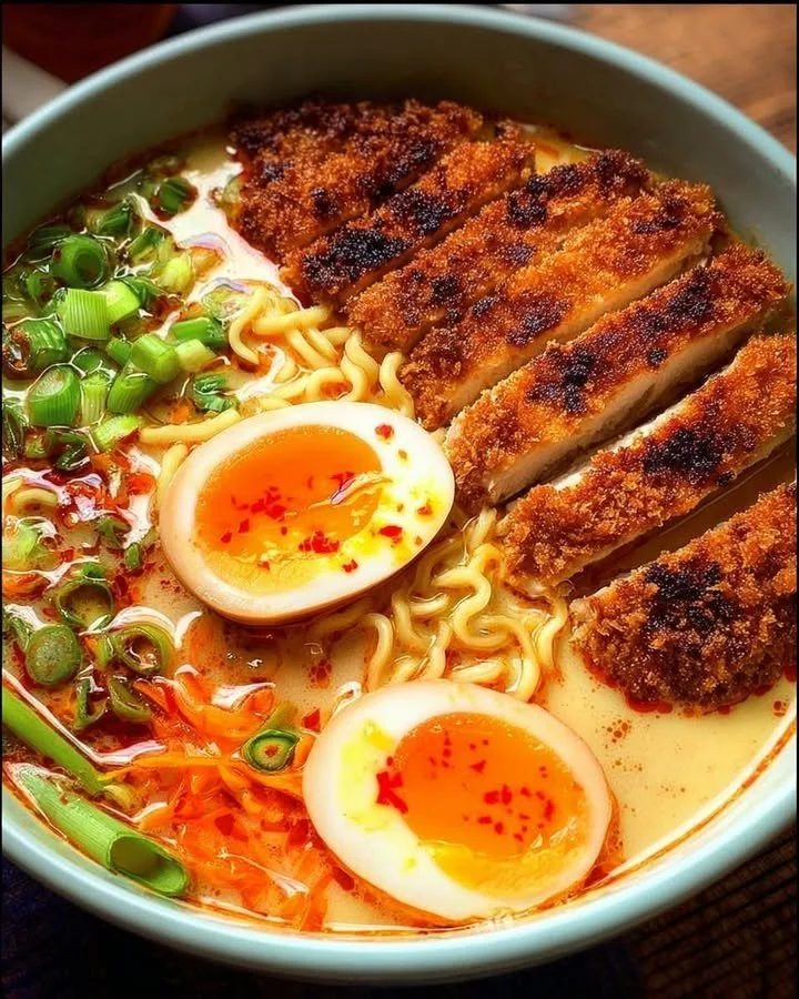 Tonkotsu-Ramen mit Chicken Katsu und frischen Zutaten in einer Schüssel