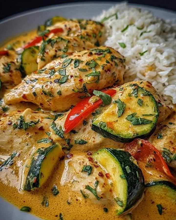 Paprika-Zucchini-Hähnchen Gericht in einer Pfanne, serviert mit frischen Zutaten.