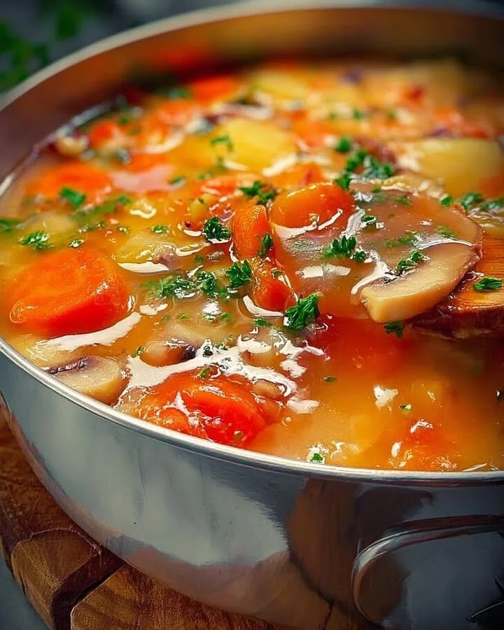 Schüssel mit köstlicher, bunt gefüllter Gemüsesuppe auf einem Holzuntergrund.