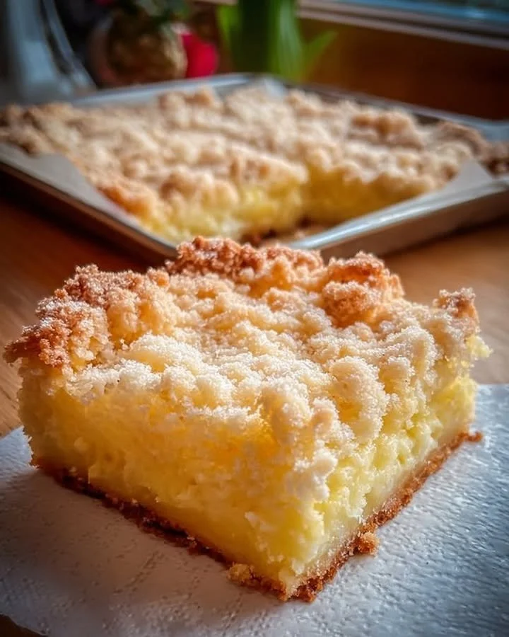 Leckerer Vanillepudding Streuselkuchen vom Blech in Portionen serviert