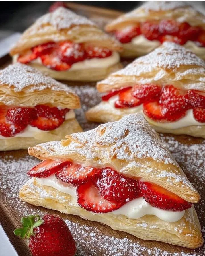 Himmlische Erdbeerkissen mit frischen Erdbeeren und Sahnefüllung.