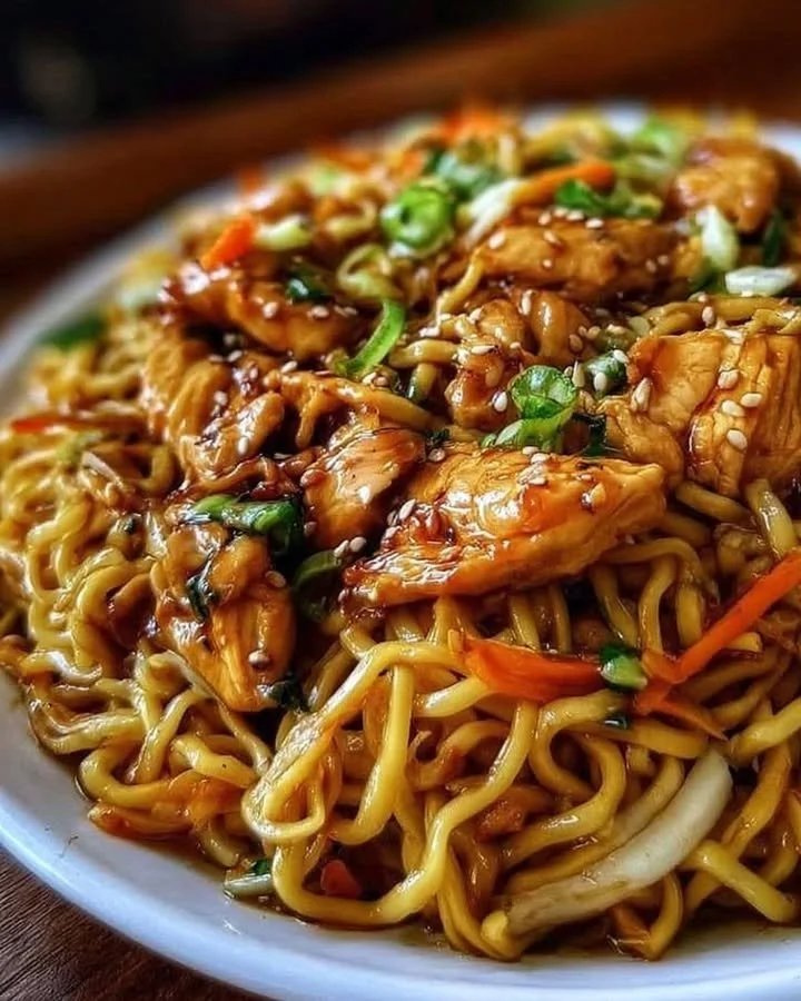 Rezept für gebratene Nudeln mit Hähnchen auf einem Teller