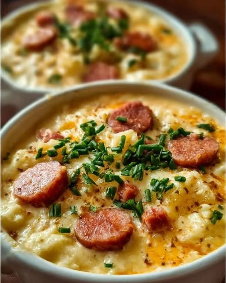 Leckere Kartoffelsuppe mit frischen Zutaten in einem Topf.