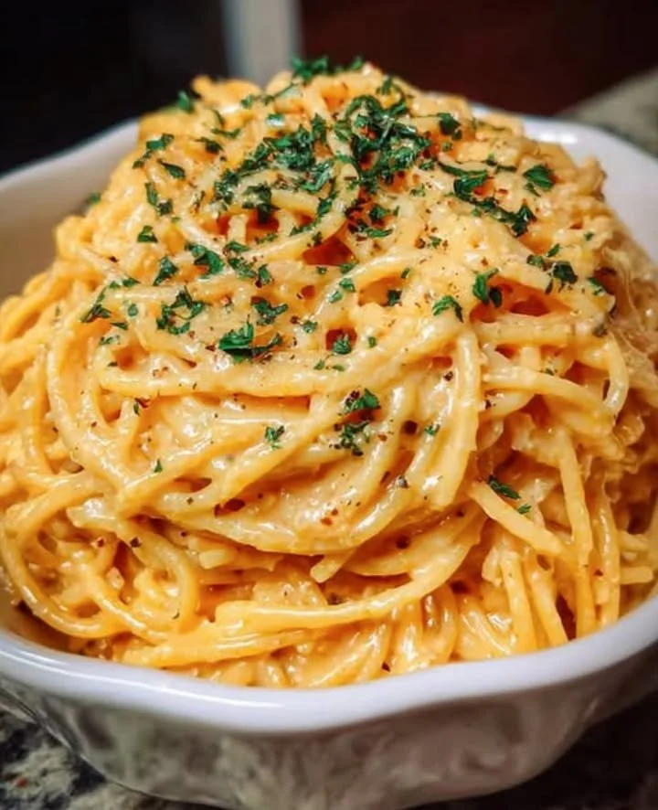 Eine köstliche Portion Knoblauch-Spaghetti auf einem Teller serviert