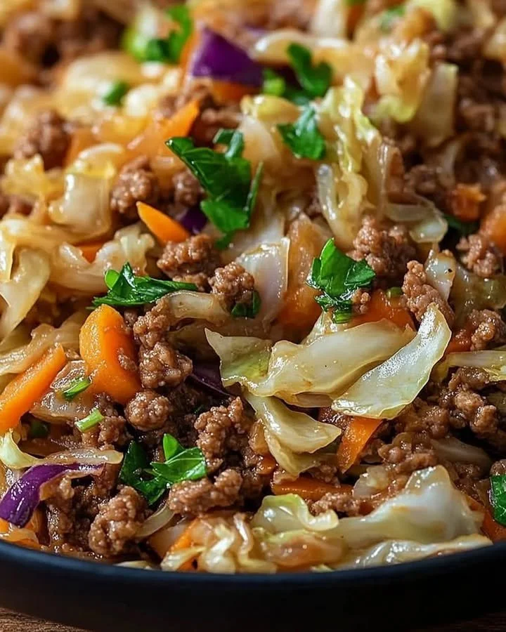 Leckere Hackfleisch-Kohl-Pfanne in einer Pfanne zubereitet