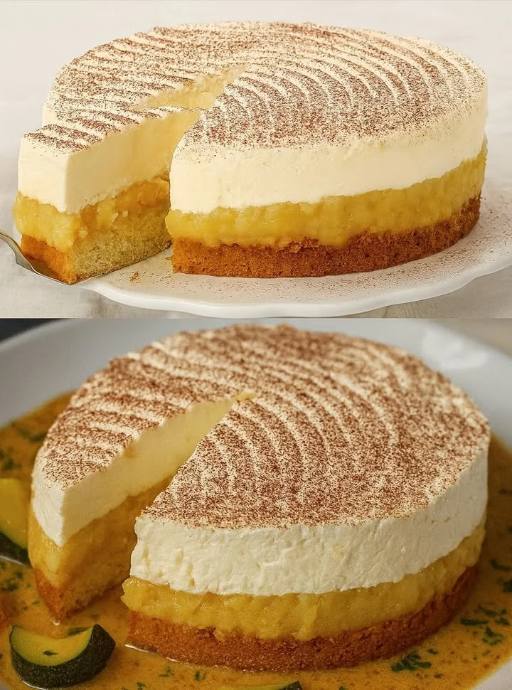 Apfeltorte mit Quark und Mascarpone auf einem elegant gedeckten Tisch