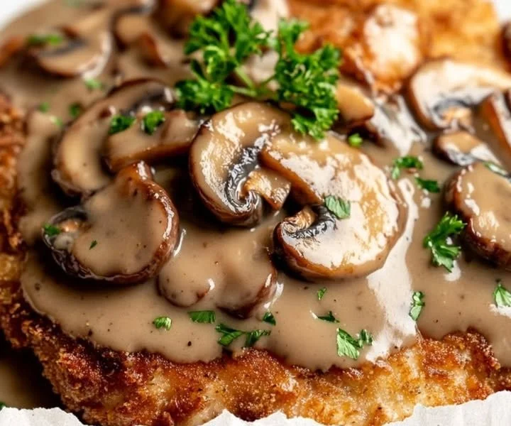 Ein schmackhaftes authentisches Jägerschnitzel mit Pilzsauce auf einem Teller.