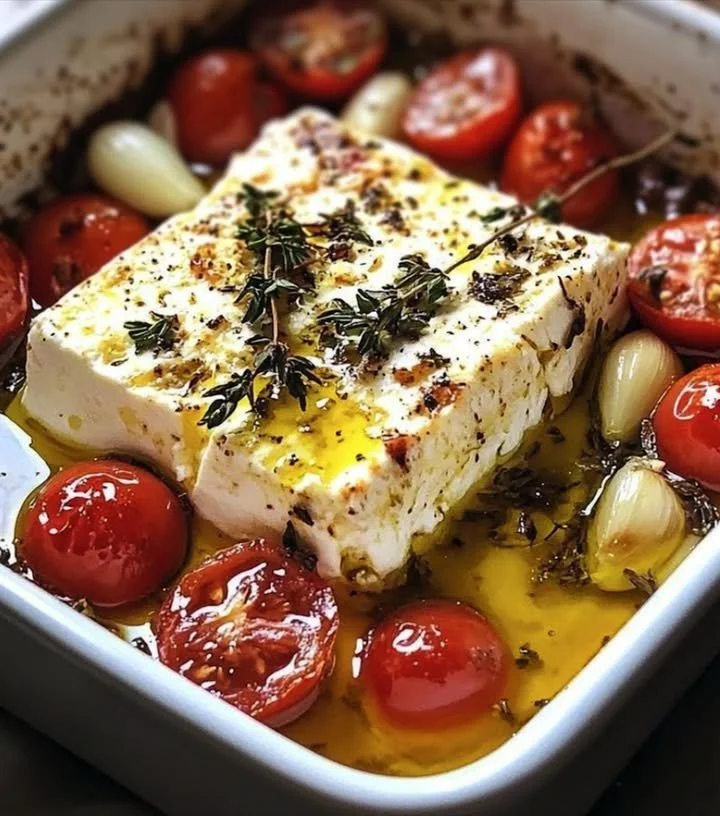 Gebackener Feta mit Knoblauch, Thymian und Kirschtomaten auf einem Teller