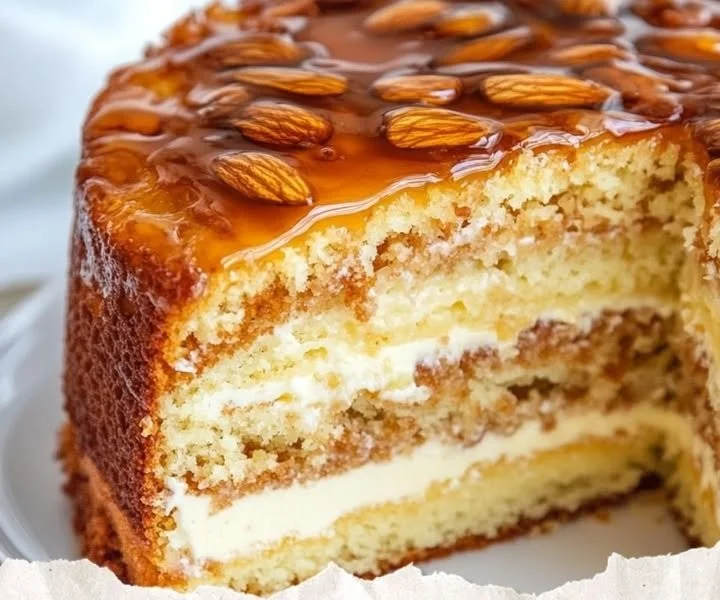 Bienenstich Kuchen auf einem Teller mit Mandeln und Sahnefüllung