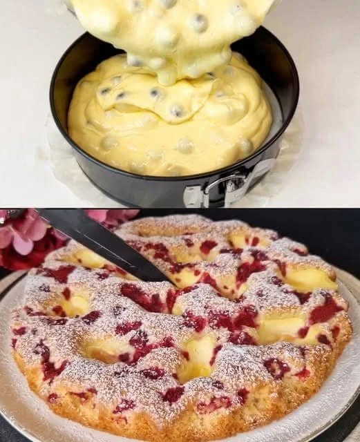 Blitz Kirschkuchen mit Pudding, frisch serviert auf einem Teller.