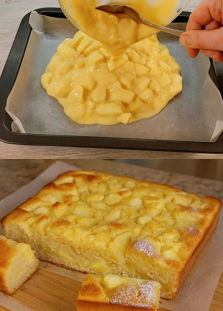 Blitzschneller Apfelkuchen auf einem Teller, frisch gebacken und appetitlich dekoriert.