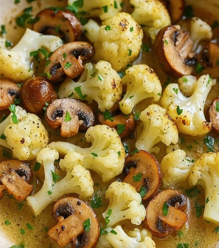 Blumenkohl-Champignon-Pfanne mit Knoblauch, vegetarisches Rezept