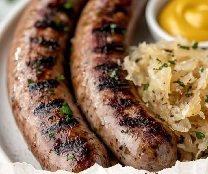 Bratwurst mit Sauerkraut auf einem Teller serviert