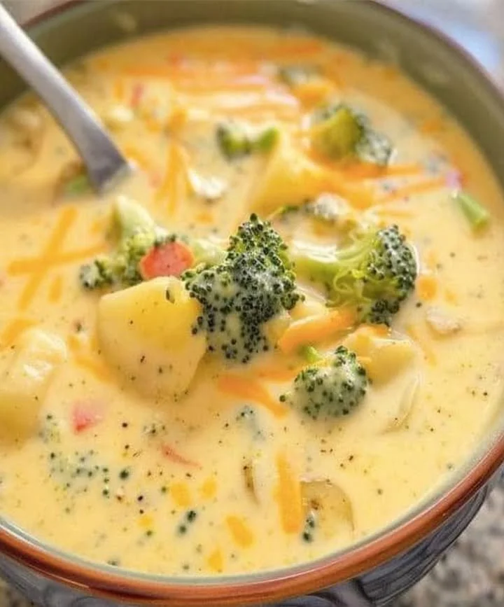 Cremige Brokkoli-Kartoffel-Suppe mit Käse in einer Schüssel serviert