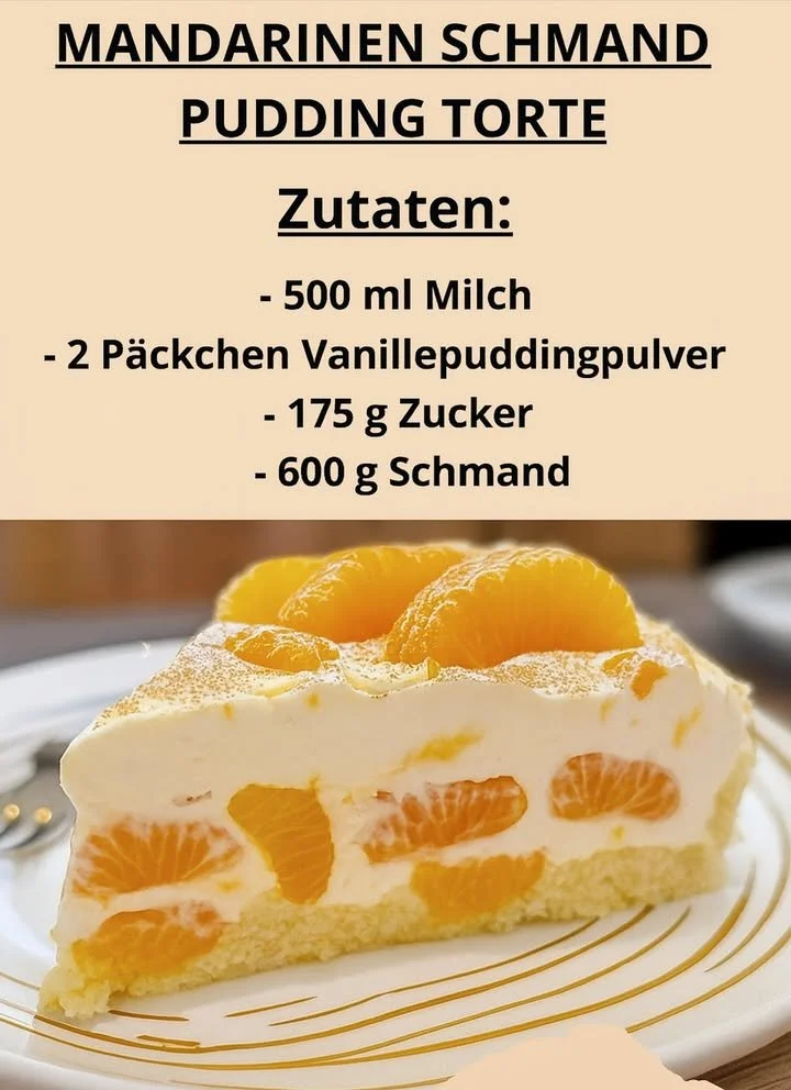 Cremige Mandarinen-Schmand-Torte mit Pudding auf einem Teller