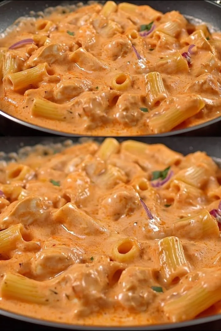 Cremige Pasta mit Tomatensoße auf einem Teller garniert mit frischen Kräutern