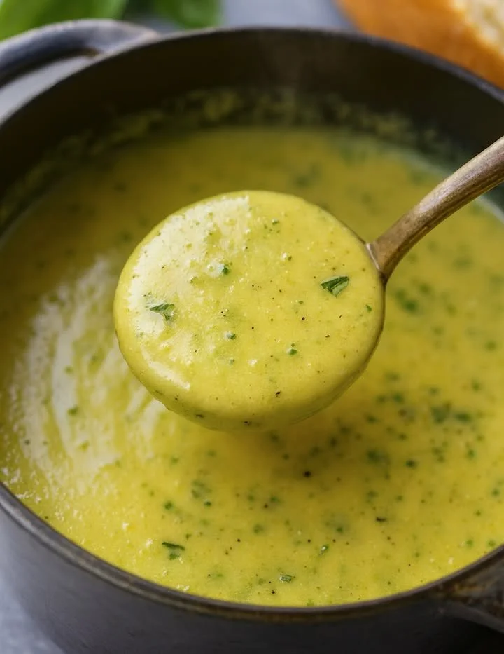 Cremige Zucchini-Knoblauch-Suppe in einem modernen Schüssel anrichten