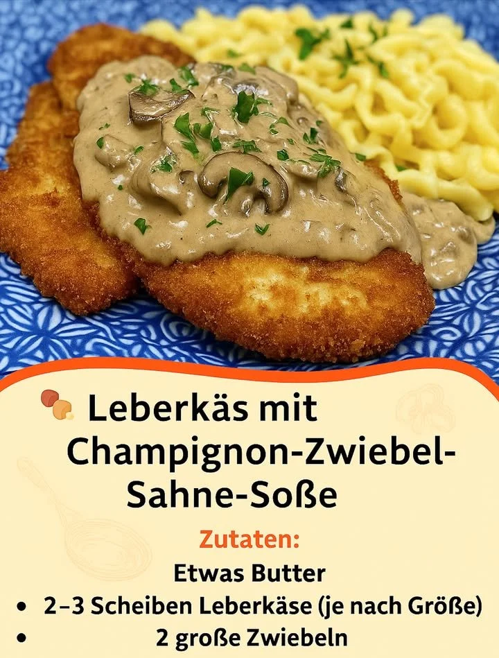 Deftiger Leberkäse mit Champignon-Zwiebel-Sahne-Soße auf einem Teller