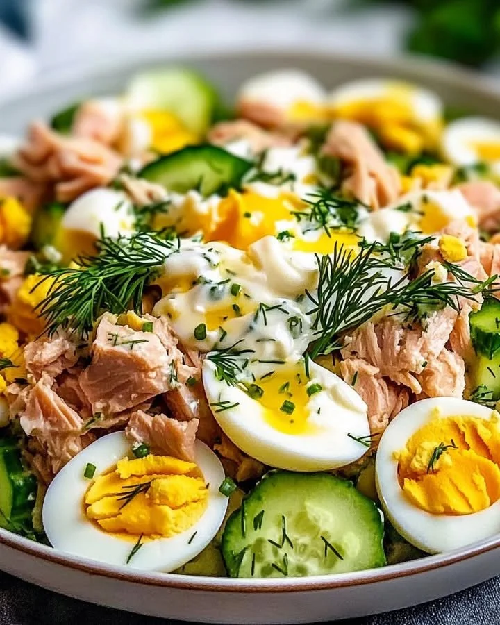 Eier-Gurken-Thunfischsalat in einer bunten Schüssel serviert