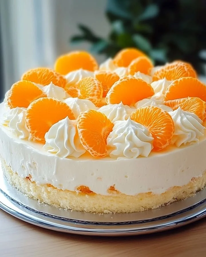 Fantakuchen mit Mandarinen und Vanillecreme auf einem Teller