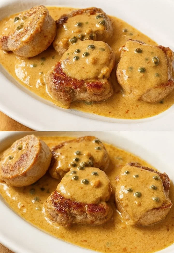 Filetpfännchen mit Frischkäse-Senfsauce auf einem Teller serviert