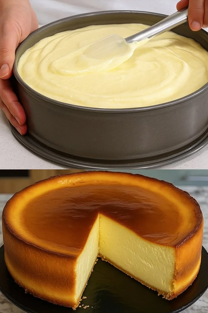 Fluffiger Käsekuchen ohne Boden auf einem Teller serviert