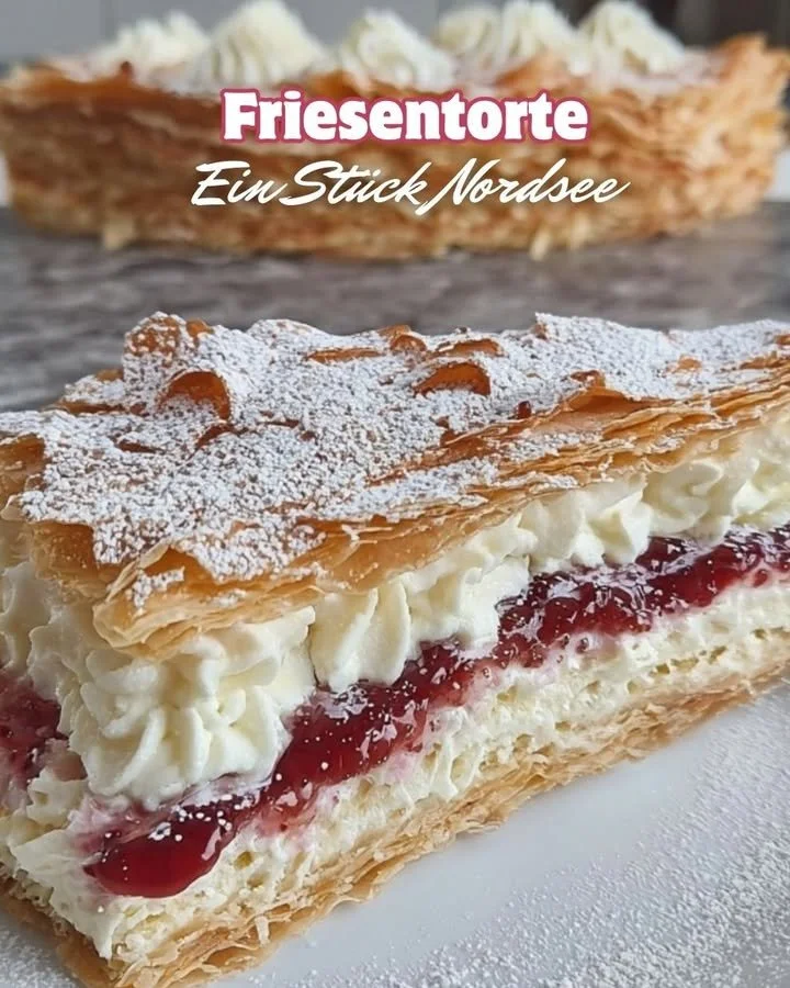 Ein Stück traditionelle Friesentorte, dekoriert mit Sahne und Beeren.