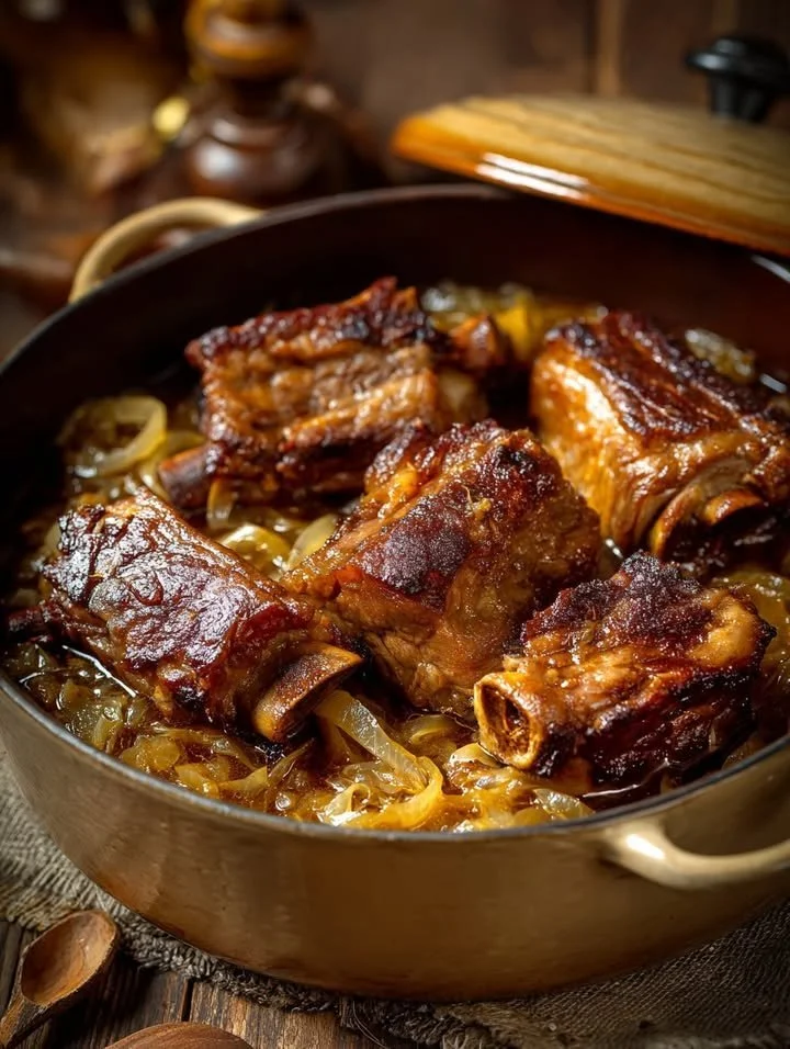 Geschmorte Schweinerippchen mit Sauerkraut auf einem Teller serviert