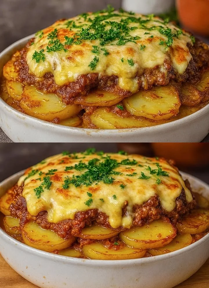 Leckere Gyros-Auflauf mit Knoblauch und Sauce Hollandaise auf einem Teller