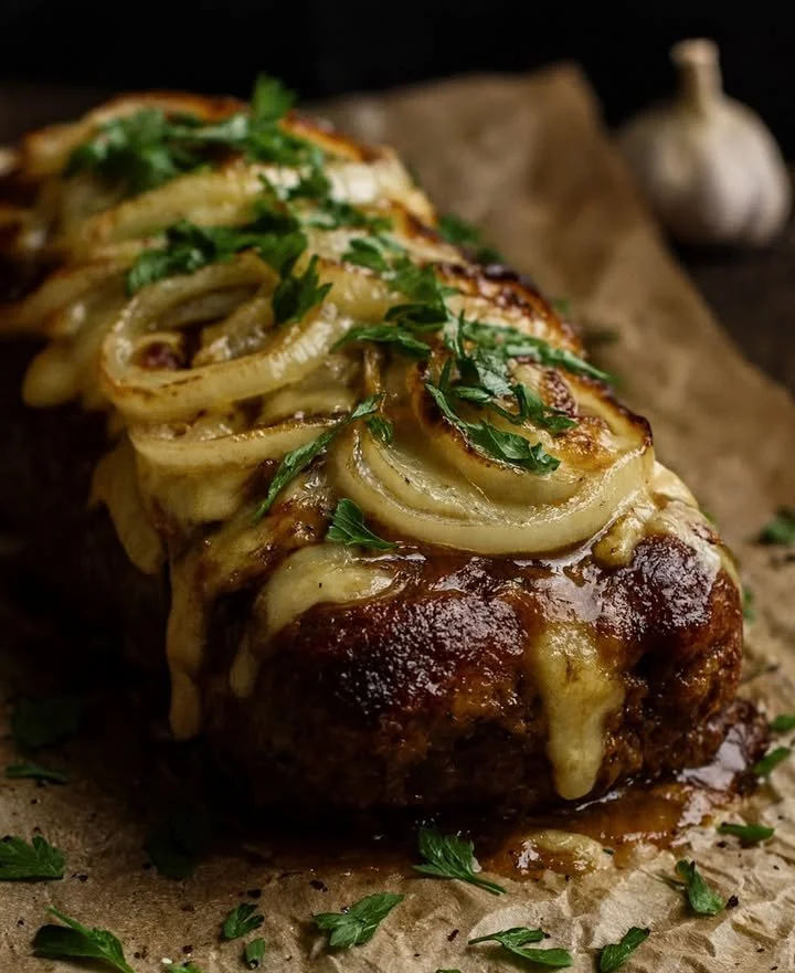 Hackbraten mit Zwiebelsauce auf einem weißen Teller serviert