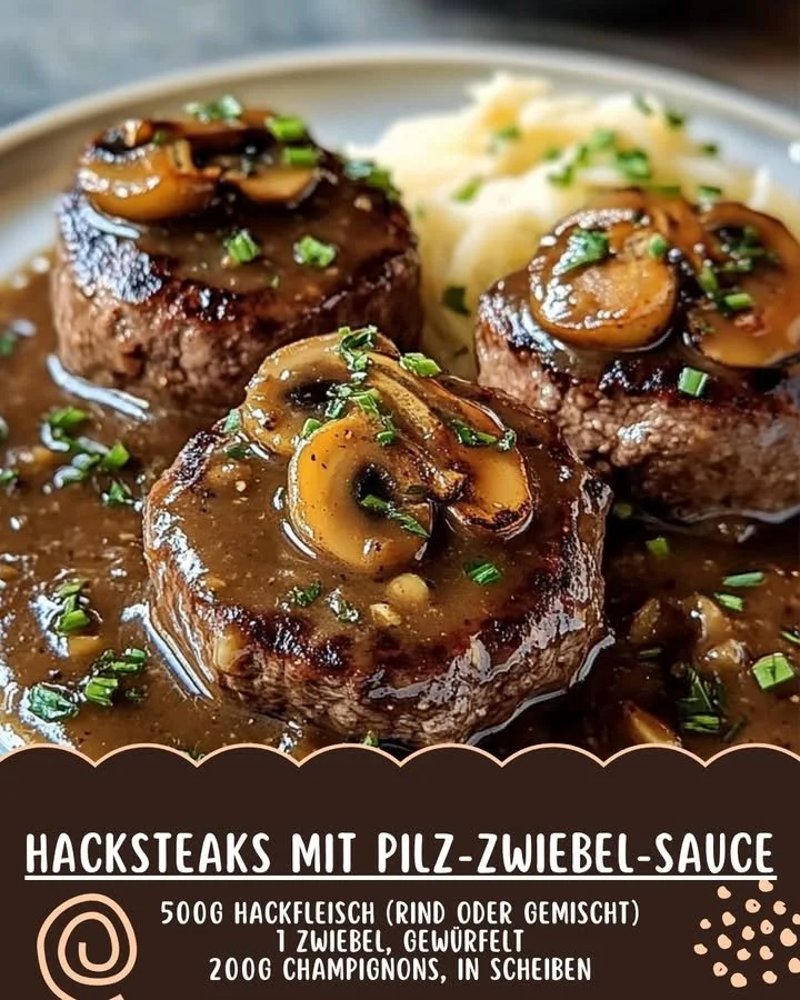 Hacksteaks mit Pilz-Zwiebel-Sauce auf einem Teller serviert