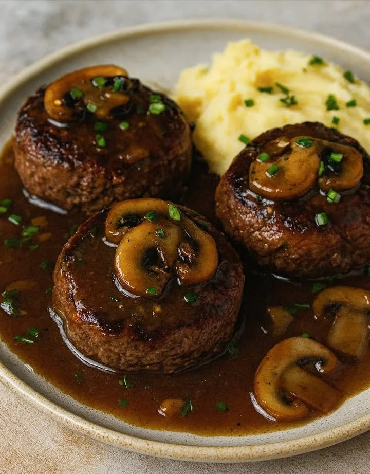 Hacksteaks mit Pilz-Zwiebel-Sauce auf einem Teller serviert