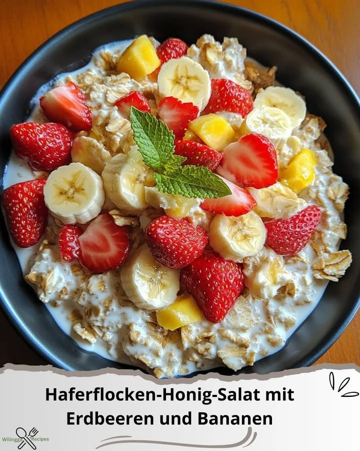 Haferflocken-Honig-Salat mit Erdbeeren und Bananen in einer Schüssel